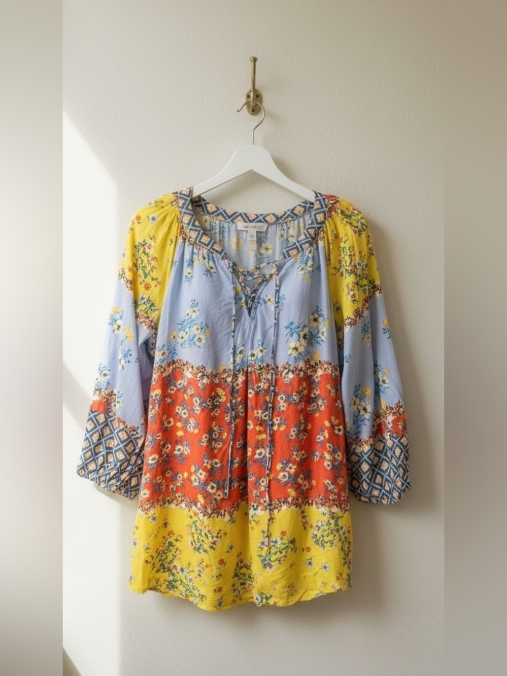 Figueroa & Flower Floral Mixed Pattern Peasant Blouse Size M